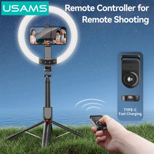 USAMS USAMS φωτιστικό δαχτυλίδι LED ZB323 με τρίποδο & βάση smartphone, μαύρο