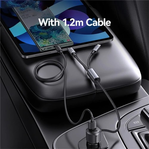 USAMS USAMS φορτιστής αυτοκινήτου CC287 με 2 σε 1 καλώδιο, USB/USB-C θύρες, 66W, μαύρος