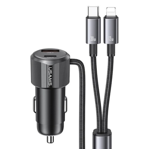 USAMS USAMS φορτιστής αυτοκινήτου CC287 με 2 σε 1 καλώδιο, USB/USB-C θύρες, 66W, μαύρος