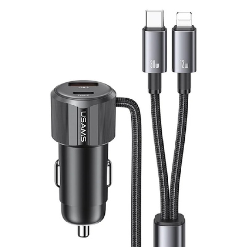 USAMS USAMS φορτιστής αυτοκινήτου CC287 με 2 σε 1 καλώδιο, USB/USB-C θύρες, 66W, μαύρος