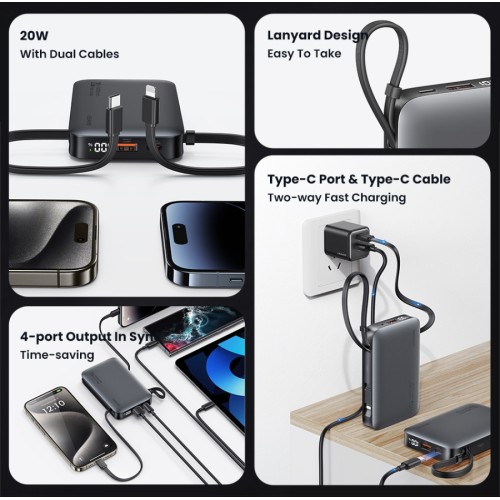 USAMS USAMS power bank CD228 με 2x καλώδια, 2x θύρες εξόδου, 10000mAh, 20W, γκρι