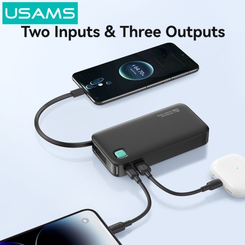 USAMS USAMS power bank CD224 με καλώδιο USB-C, 2x θύρες εξόδου, 10000mAh, 20W, μαύρο