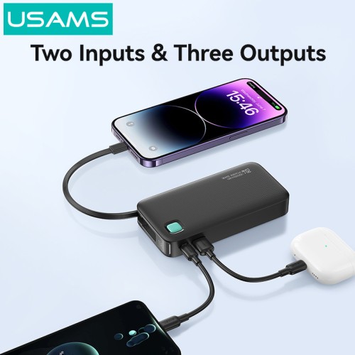 USAMS USAMS power bank CD225 με καλώδιο Lightning, 2x θύρες εξόδου, 10000mAh, 20W, λευκό