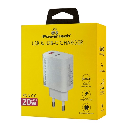 Powertech POWERTECH φορτιστής τοίχου PT-1437, USB/USB-C, 20W, GaN, λευκός