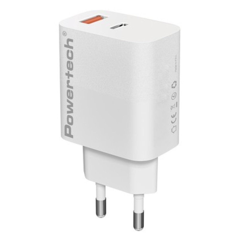 Powertech POWERTECH φορτιστής τοίχου PT-1437, USB/USB-C, 20W, GaN, λευκός