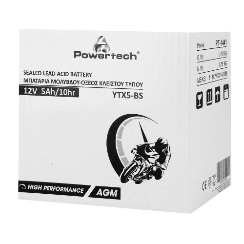 Powertech POWERTECH μπαταρία μολύβδου μοτοσυκλέτας PT-1441, 12V 5Ah, AGM, YTX5-BS