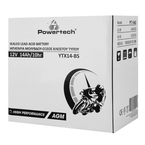 Powertech POWERTECH μπαταρία μολύβδου μοτοσυκλέτας PT-1442, 12V 14Ah, AGM, YTX14-BS