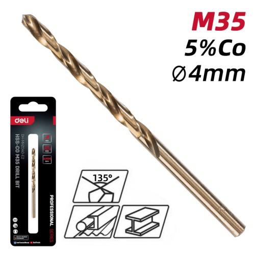 DELI DELI τρυπάνι DH-MHZ040-E2 για μέταλλο, M35 HSS 5% κοβαλτίου, DIN 388, 4x75mm, κυλινδρικό