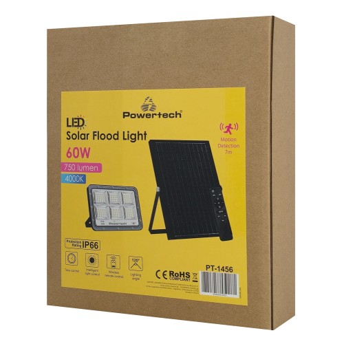 Powertech POWERTECH LED ηλιακός προβολέας PT-1456 με τηλεχειριστήριο, αισθητήρας κίνησης, 60W, 4000K, 750lm, IP66