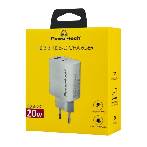 Powertech POWERTECH φορτιστής τοίχου PT-1493, USB/USB-C, 20W, λευκός