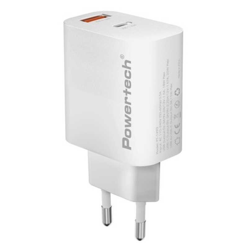 Powertech POWERTECH φορτιστής τοίχου PT-1493, USB/USB-C, 20W, λευκός