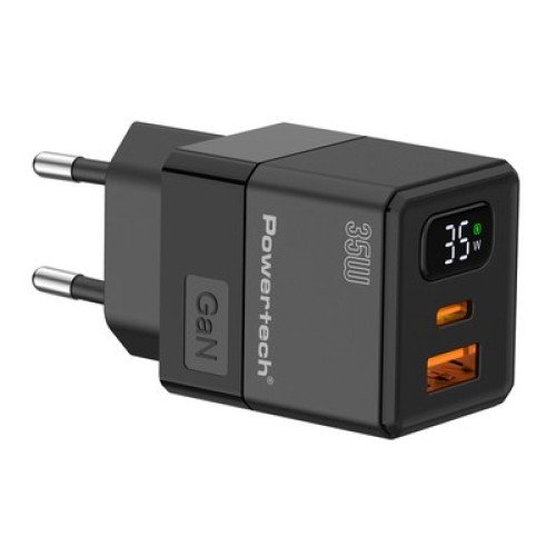 Powertech POWERTECH φορτιστής τοίχου PT-1499 με οθόνη, USB/USB-C, 35W, GaN, μαύρος