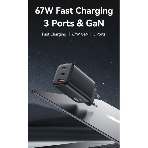 USAMS USAMS φορτιστής τοίχου CC265, USB & 2x USB-C, 67W, GaN, λευκός