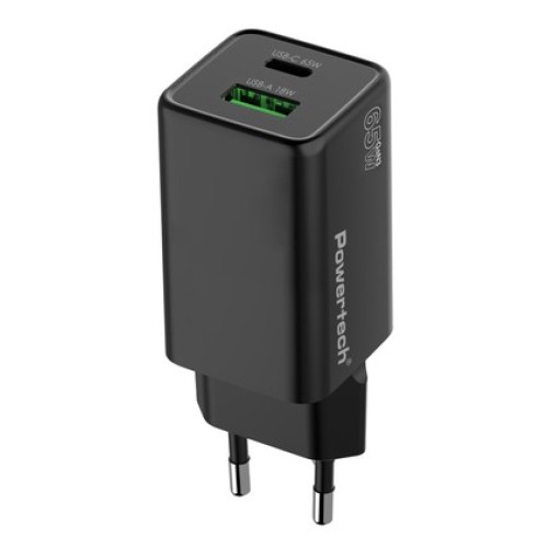 Powertech POWERTECH φορτιστής τοίχου PT-1501, USB/USB-C, 65W, GaN, μαύρος