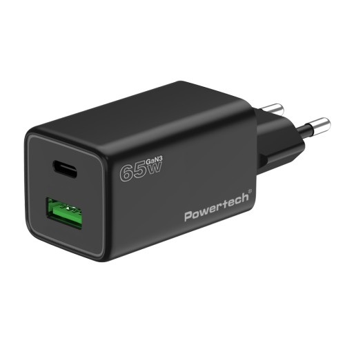 Powertech POWERTECH φορτιστής τοίχου PT-1501, USB/USB-C, 65W, GaN, μαύρος