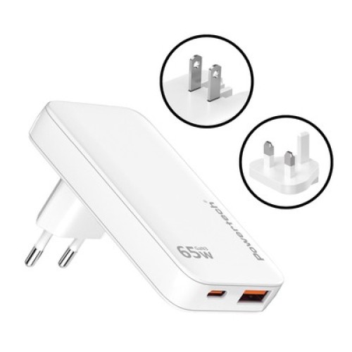 Powertech POWERTECH φορτιστής τοίχου PT-1532, EU/UK/CN βύσμα, USB/USB-C, 65W, GaN, λευκός