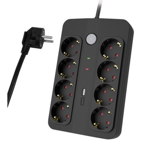 Powertech POWERTECH πολύπριζο ασφαλείας PT-1535, 8 θέσεων, με USB & USB-C θύρες, 16A, 1.5m, μαύρο