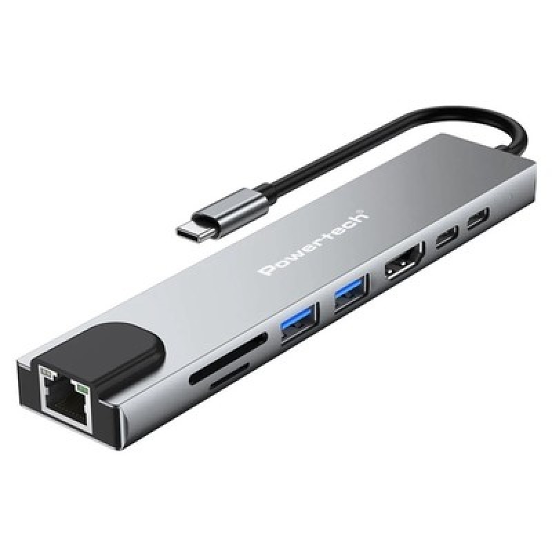 Powertech POWERTECH docking station PT-1536, 8 θυρών, USB-C σύνδεση, 87W PD, 100Mbps, γκρι