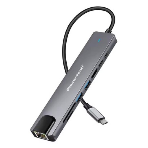 Powertech POWERTECH docking station PT-1537, 8 θυρών, USB-C σύνδεση, 100W PD, 1000Mbps, γκρι