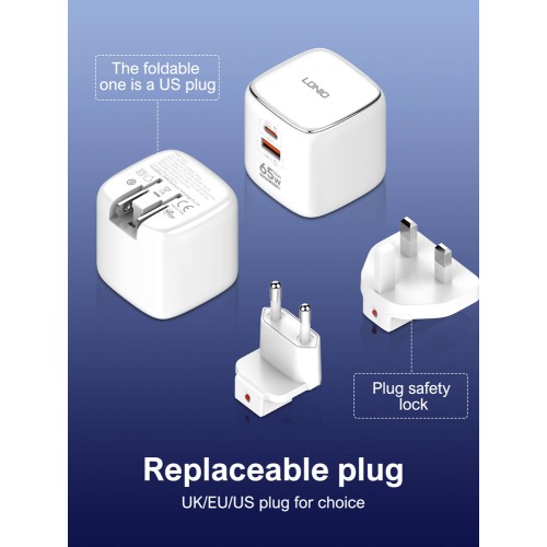 LDNIO LDNIO φορτιστής τοίχου Q2617 με καλώδιο USB-C, EU/UK/US βύσμα, USB/USB-C, 65W, GaN, λευκός