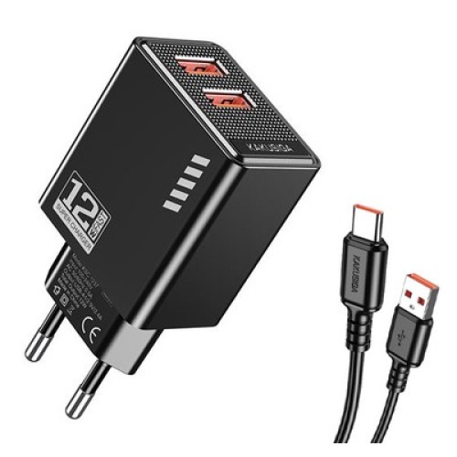 KAKUSIGA KAKUSIGA φορτιστής τοίχου KSC-1238 με καλώδιο USB-C, 2x USB, 12W, μαύρος