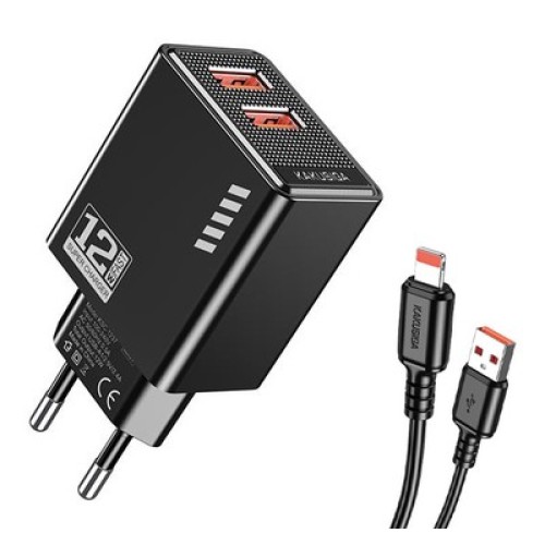 KAKUSIGA KAKUSIGA φορτιστής τοίχου KSC-1238 με καλώδιο Lightning, 2x USB, 12W, μαύρος
