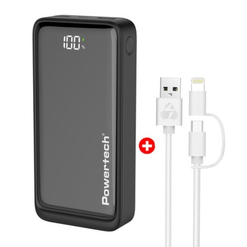 Powertech POWERTECH power bank PT-1327 με οθόνη & MFi καλώδιο USB σε Micro/Lightning, 20000mAh