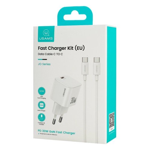 USAMS USAMS φορτιστής τοίχου CC262 με καλώδιο USB-C, 30W, GaN, λευκός