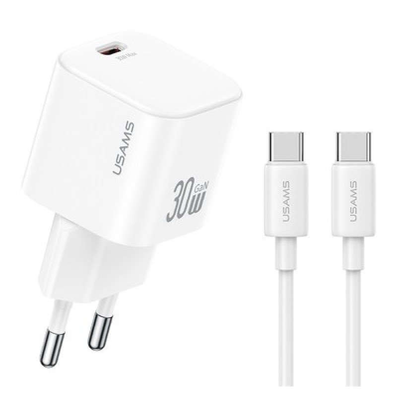 USAMS USAMS φορτιστής τοίχου CC262 με καλώδιο USB-C, 30W, GaN, λευκός