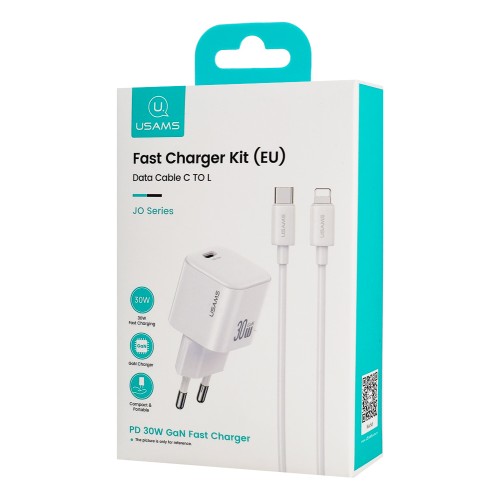 USAMS USAMS φορτιστής τοίχου CC262 με καλώδιο Lightning, 30W, GaN, λευκός