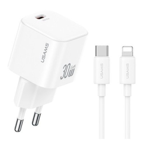 USAMS USAMS φορτιστής τοίχου CC262 με καλώδιο Lightning, 30W, GaN, λευκός