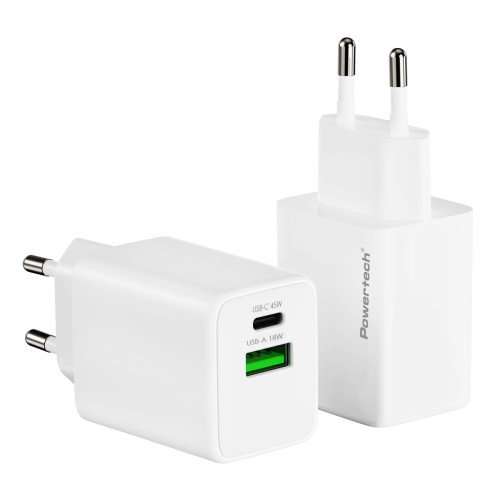 Powertech POWERTECH φορτιστής τοίχου PT-1551, USB/USB-C, 45W, GaN, AVS, λευκός