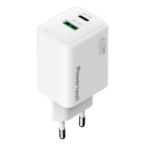 Powertech POWERTECH φορτιστής τοίχου PT-1551, USB/USB-C, 45W, GaN, AVS, λευκός