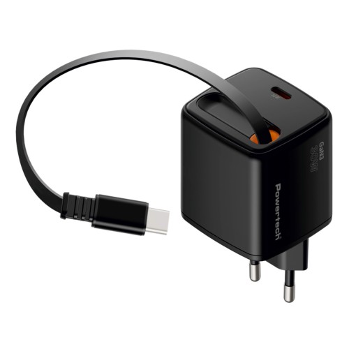 Powertech POWERTECH φορτιστής τοίχου PT-1571 με πτυσσόμενο καλώδιο, USB-C, 30W, GaN, μαύρος