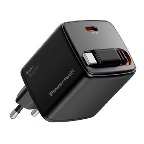 Powertech POWERTECH φορτιστής τοίχου PT-1571 με πτυσσόμενο καλώδιο, USB-C, 30W, GaN, μαύρος