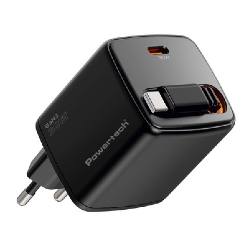 Powertech POWERTECH φορτιστής τοίχου PT-1571 με πτυσσόμενο καλώδιο, USB-C, 30W, GaN, μαύρος