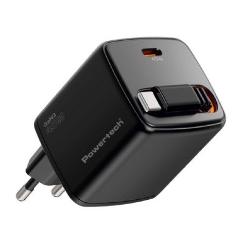 Powertech POWERTECH φορτιστής τοίχου PT-1572 με πτυσσόμενο καλώδιο, USB-C, 45W, GaN, μαύρος