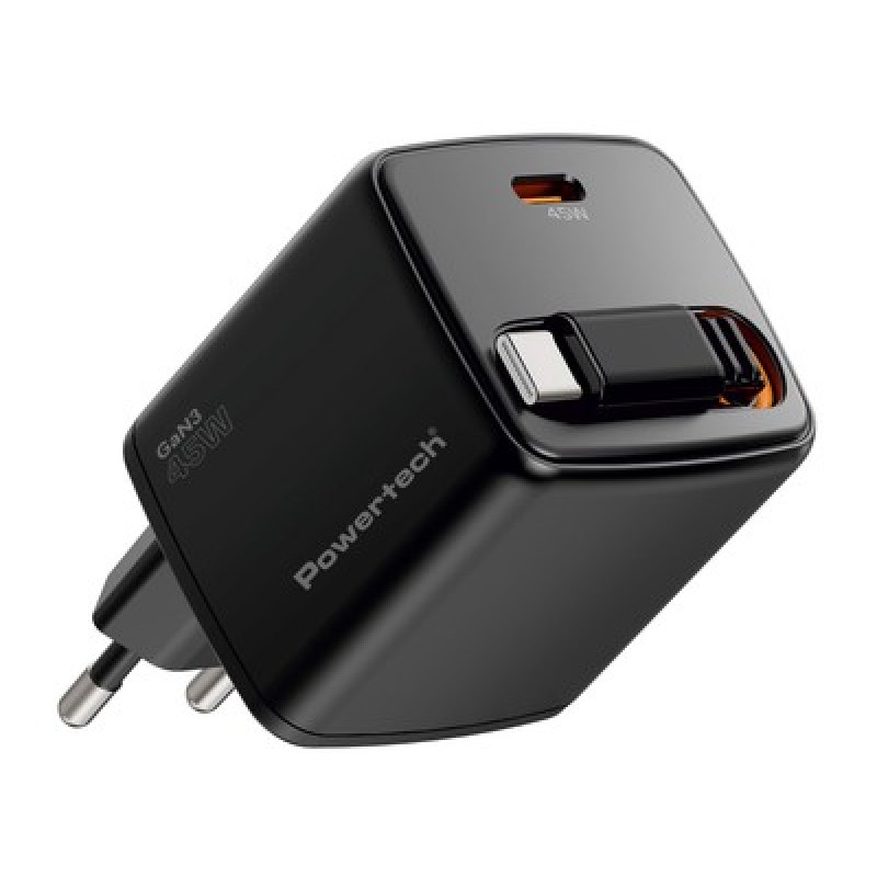 Powertech POWERTECH φορτιστής τοίχου PT-1572 με πτυσσόμενο καλώδιο, USB-C, 45W, GaN, μαύρος