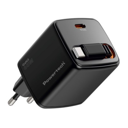 Powertech POWERTECH φορτιστής τοίχου PT-1573 με πτυσσόμενο καλώδιο, USB-C, 65W, GaN, μαύρος