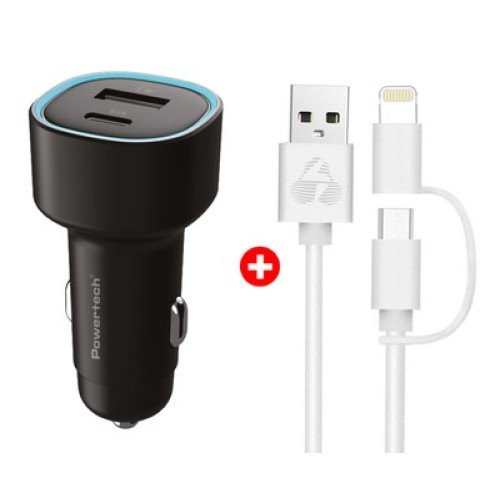 Powertech POWERTECH φορτιστής αυτοκινήτου με καλώδιο MFi USB σε micro USB/Lightning BNDL-0207, USB & USB-C, 85W, μαύρο/λευκό