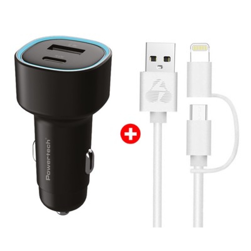 Powertech POWERTECH φορτιστής αυτοκινήτου με καλώδιο MFi USB σε micro USB/Lightning BNDL-0207, USB & USB-C, 85W, μαύρο/λευκό