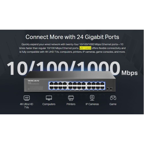 MERCUSYS MERCUSYS desktop/rackmount switch MS124GS, 24x Gigabit θύρες, V1.0