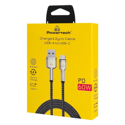 Powertech POWERTECH καλώδιο USB-C σε USB PTR-0199, PD 60W, 480Mbps, 1m, μαύρο/γκρι