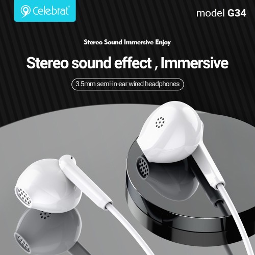 CELEBRAT CELEBRAT earphones με μικρόφωνο G34, 3.5mm σύνδεση, 14mm, 1.2m, λευκά