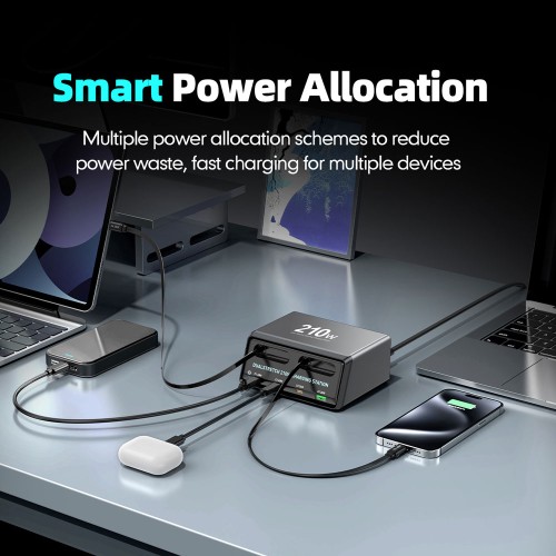Powertech POWERTECH σταθμός φόρτισης PT-1623, USB/3x USB-C/2x USB-C καλώδια, GaN, 160W, μαύρος