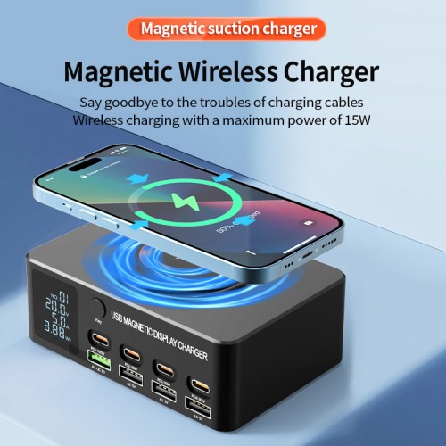 Powertech POWERTECH σταθμός φόρτισης PT-1625 με οθόνη, 4x USB/4x USB-C/wireless, 140W, μαύρος
