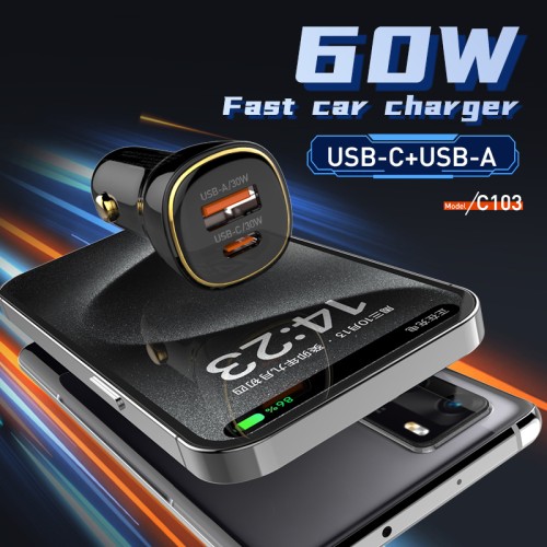LDNIO LDNIO φορτιστής αυτοκινήτου C103 με καλώδιο Lightning, USB/USB-C, 60W, μαύρος