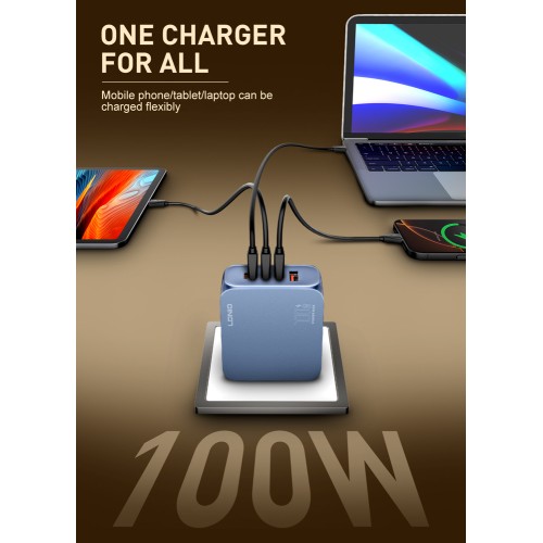 LDNIO LDNIO φορτιστής τοίχου Q8 με καλώδιο USB-C, USB/Lightning/3x USB-C, GaN, 100W, μπλε