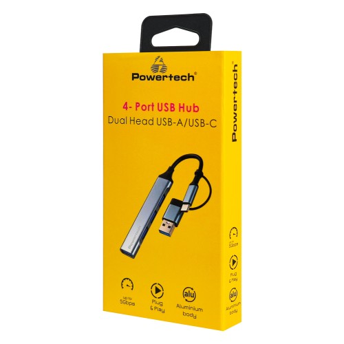 Powertech POWERTECH USB hub PTR-0206, 4x θυρών, USB 3.0, 5Gbps, USB & USB-C σύνδεση, γκρι