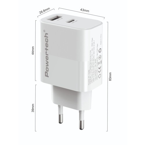 Powertech POWERTECH φορτιστής τοίχου PT-1635 με καλώδιο, USB/USB-C, 20W, λευκός